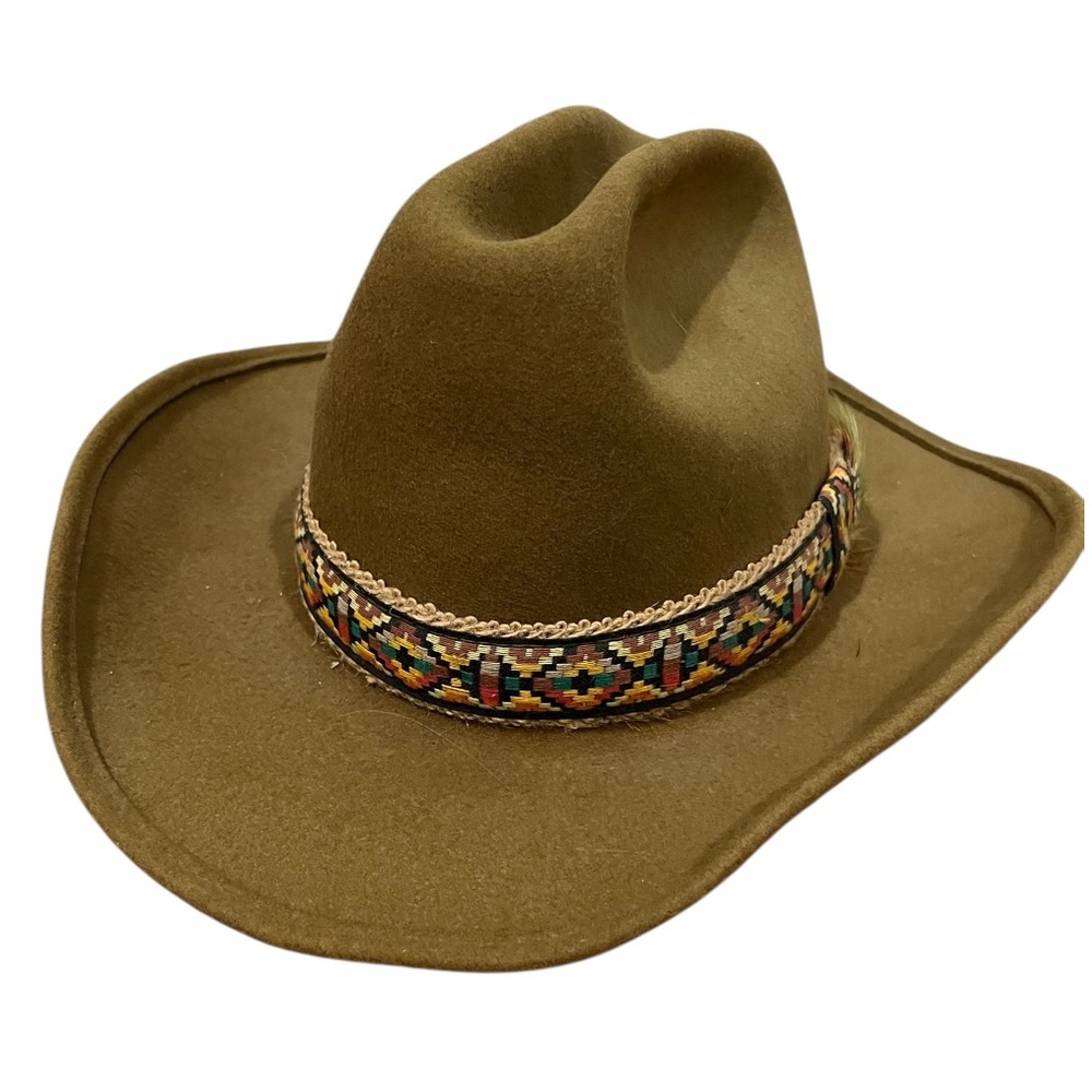 Western Stylish Brown Cowboy Hat with southwest Patterned Band with feather